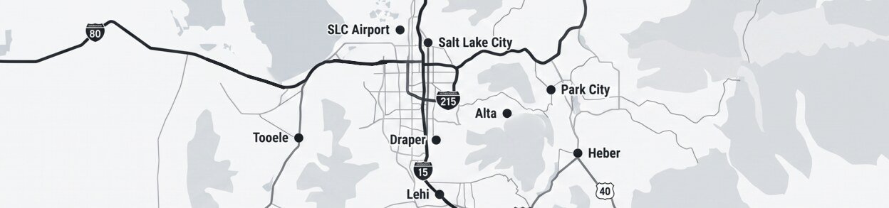Map of the Salt Lake valley and the mountains east of it, marking Salt Lake City, the airport, Tooele, Draper, Lehi, Park City, Alta and Heber, with Interstates 15, 80 and 215 and the routes into the canyons