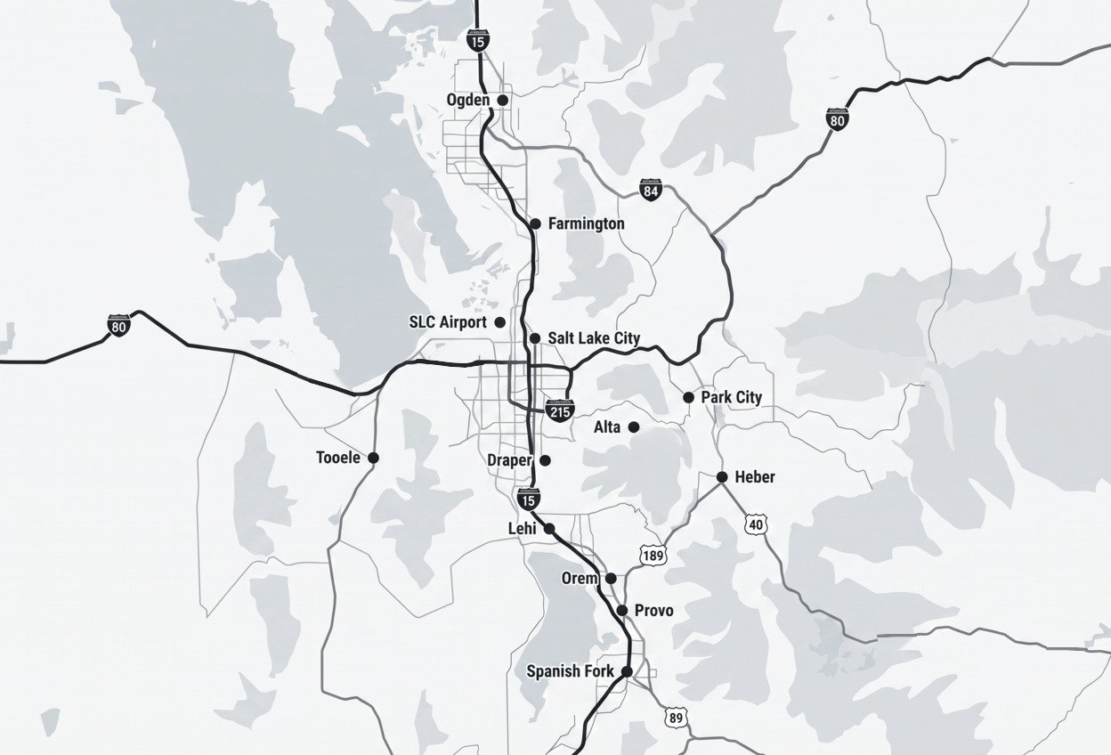 Map of the Wasatch Front from Ogden south to Spanish Fork, marking Ogden, Farmington, the Salt Lake City airport, Salt Lake City, Tooele, Draper, Lehi, Orem, Provo, Spanish Fork, Park City, Alta and Heber, with Interstates 15, 80, 84 and 215, US 40, 89 and 189, and the routes east into the mountains