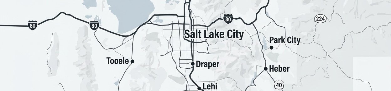Map of the Salt Lake valley and the mountains east of it, marking Salt Lake City, Tooele, Draper, Lehi, Park City and Heber, with Interstate 80 and the routes into the canyons