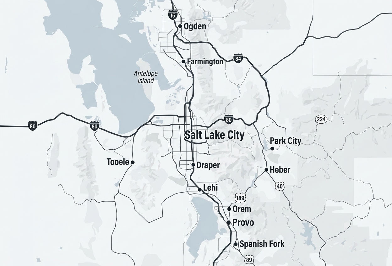 Map of the Wasatch Front from Ogden south to Spanish Fork, marking Ogden, Farmington, Salt Lake City, Tooele, Draper, Lehi, Orem, Provo, Park City and Heber, with Interstates 15, 80 and 84 and the routes east into the mountains