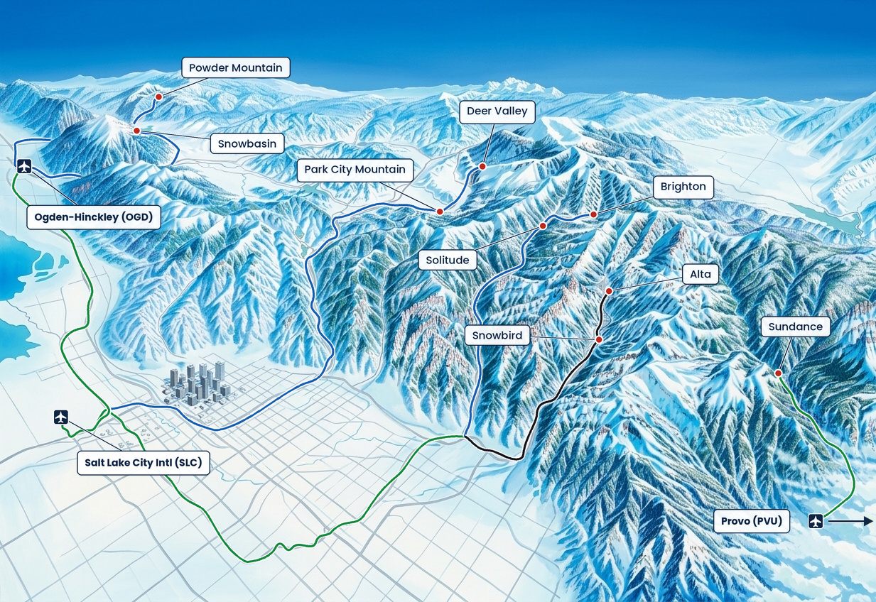 Illustrated panorama of the Wasatch Range showing Powder Mountain, Snowbasin, Park City Mountain, Deer Valley, Brighton, Solitude, Alta, Snowbird and Sundance, with Salt Lake City, Provo and Ogden-Hinckley airports and the roads that connect them